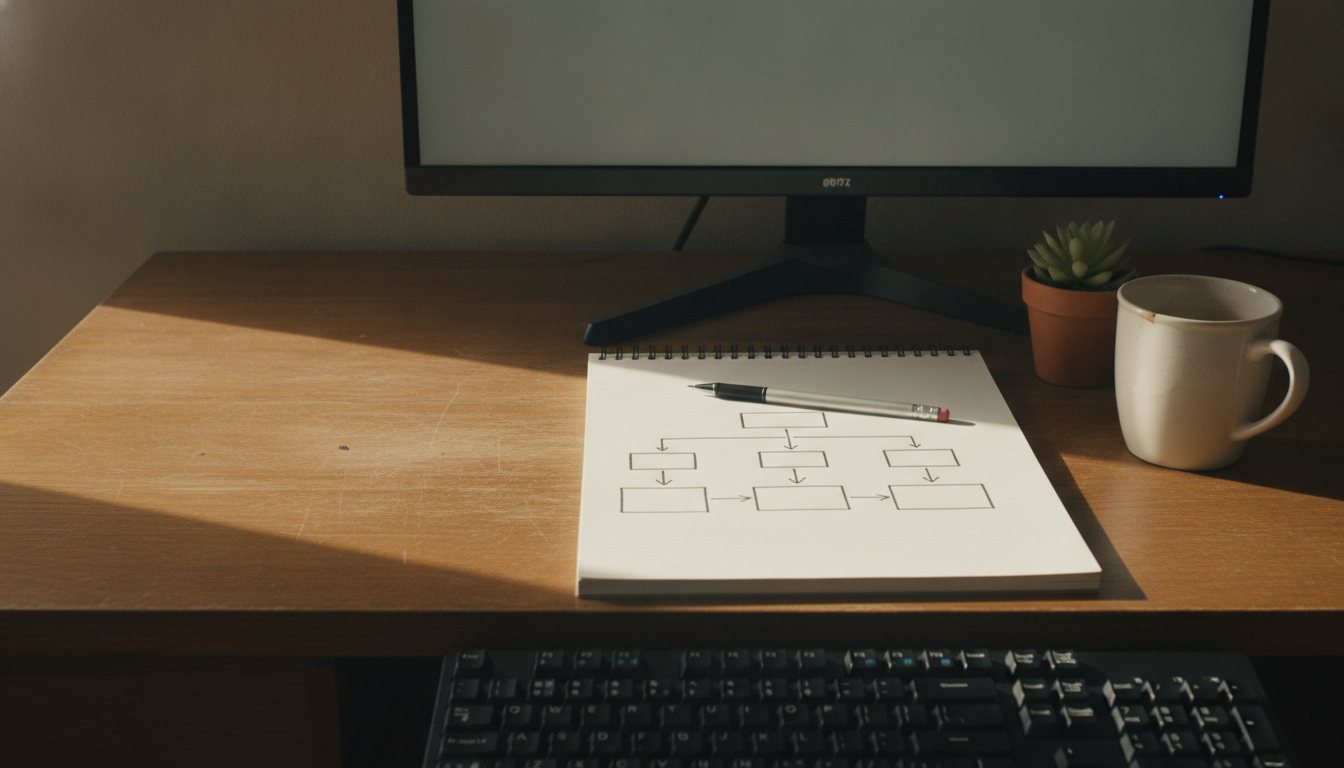 A real desk mid-project photographed square-on from slightly above: an open notebook showing a hand-drawn workflow of plain empty boxes joined by arrows, a mechanical pencil resting on it, the near edge of a mechanical keyboard, a half-full ceramic mug, a small office plant at the right.